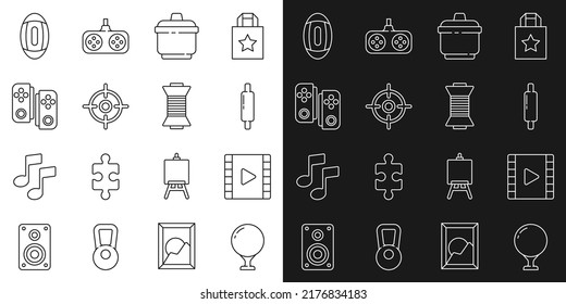 Fijar la línea de pelota de golf en el tee, Reproducir video, pasador rodante, olla de cocina, Deportes de destino, Gamepad, Fútbol americano y icono de charco de coser. Vector