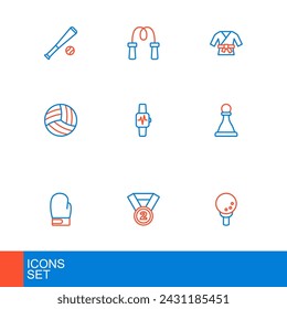 Set line Golf ball on tee, Medal, Boxing glove, Chess, Volleyball, Smart watch with heart, Kimono and Jump rope icon. Vector