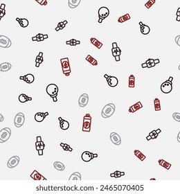 Set line Golf ball on tee, Smart watch with heart, American Football and Fitness shaker on seamless pattern. Vector