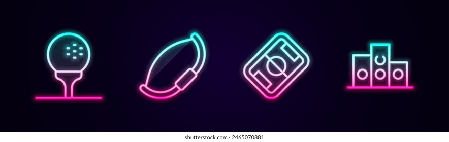 Set line Golf ball on tee, Medieval bow, Football field and Award over sports winner podium. Glowing neon icon. Vector