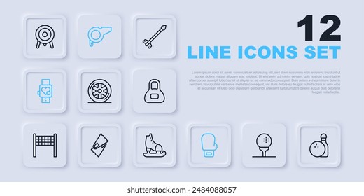 Set line Golf ball on tee, Bowling pin and, Car wheel, Boxing glove, Smart watch with heart, Flippers for swimming, Whistle and Skates icon. Vector