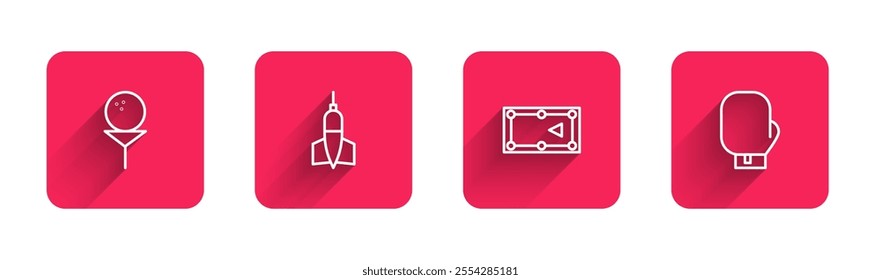 Set line Golf ball on tee, Dart arrow, Billiard table and Boxing glove with long shadow. Red square button. Vector