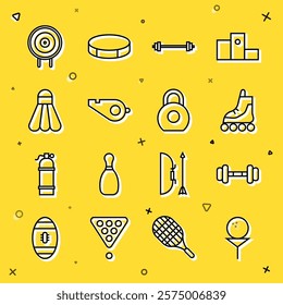 Set line Golf ball on tee, Dumbbell, Roller skate, Barbell, Whistle, Badminton shuttlecock, Target sport and Kettlebell icon. Vector