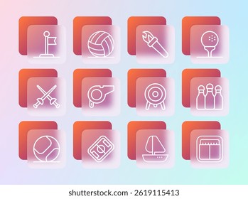 Set line Golf ball on tee, Football field, Target sport, Yacht sailboat, Whistle, Torch flame, Flag and Volleyball icon. Vector