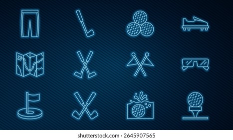 Set line Golf ball on tee, Glasses, Crossed golf club, course layout, pants, flag and  icon. Vector