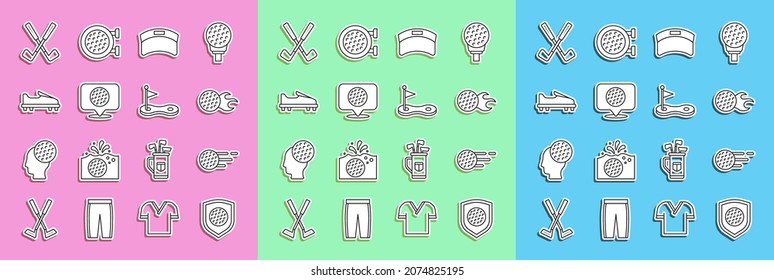 Set line Golf ball with shield, Sun visor cap, label, shoe, Crossed golf club and hole flag icon. Vector