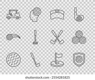 Set line Golf ball, with shield, Sun visor cap, club, car, hole flag and  icon. Vector