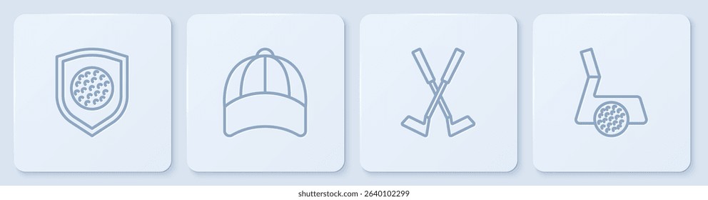 Set line Golf ball with shield, Crossed golf club, Baseball cap and . White square button. Vector