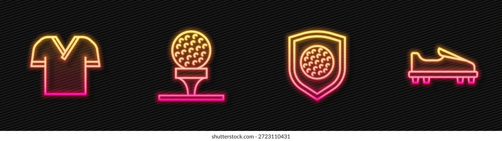 Set line Pelota de golf con escudo, camiseta, camiseta y zapato. Icono de neón brillante. Vector