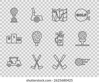 Set line Golf car, ball, course layout, Crossed golf club, Award cup with, on tee,  and  icon. Vector