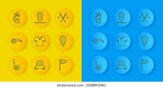 Set line Golf club with ball, shirt, flag, on tee, bag clubs,  and  icon. Vector