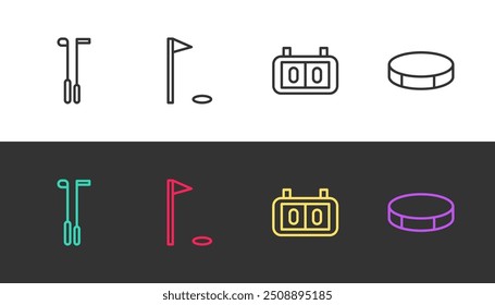 Set line Golf club, flag, Sport mechanical scoreboard and Hockey puck on black and white. Vector