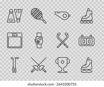 Set line Golf club, Skates, Whistle, Fencing, Rubber flippers for swimming, Smart watch showing heart beat rate, Award cup and Sport mechanical scoreboard icon. Vector