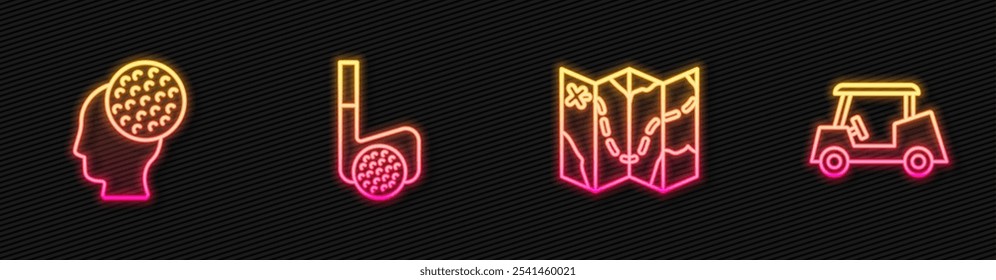 Set line Golf course layout, ball, club with and car. Glowing neon icon. Vector