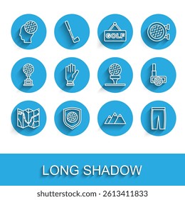 Set line Golf course layout, ball with shield, Mountains, pants, glove, club and on tee icon. Vector