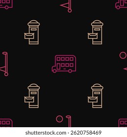 Set line Golf flag, London mail box and Double decker bus on seamless pattern. Vector