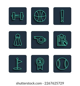 Set line Golf flag, Medal, Tennis ball, Baseball bat, Whistle, Badminton shuttlecock, Dumbbell and Checklist clipboard and tennis icon. Vector