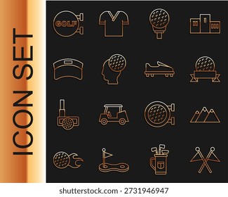 Set Linie Golf Fahne, Berge, Ball, auf T-Shirt, Sonnenblendenkappe, Sportclub und Schuhsymbol. Vektorgrafik