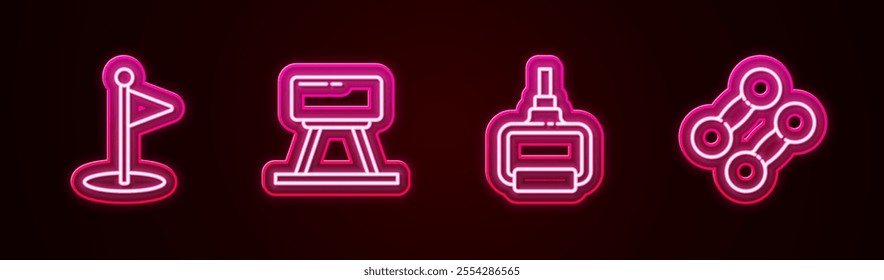 Set line Golf flag, Pommel horse, TPX loop training equipment and Dumbbell. Glowing neon icon. Vector