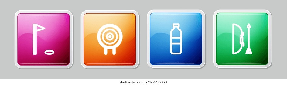 Set line Golf flag, Target sport, Bottle of water and Bow and arrow in quiver. Colorful square button. Vector