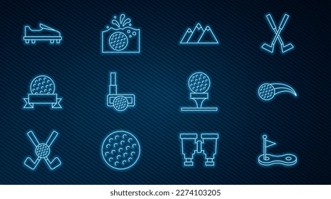 Set line Golf hole with flag, ball, Mountains, club, shoe, on tee and water icon. Vector