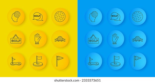 Set line Golf hole with flag, label, glove, ball in water,  and  icon. Vector