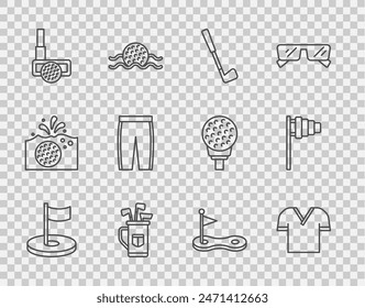 Set line Golf hole with flag, shirt, club, bag clubs, ball, pants,  and  icon. Vector