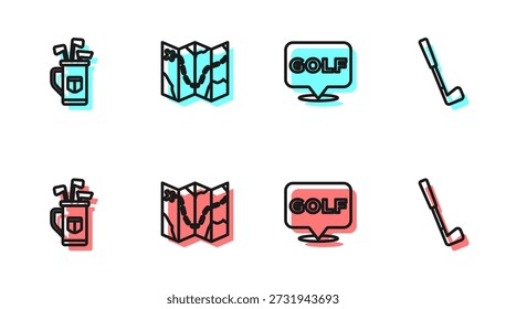 Set line Golf label, bag with clubs, course layout and  icon. Vector
