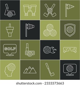 Set line Golf label, Glasses, ball with shield, Crossed golf club, flag, tee,  and  icon. Vector