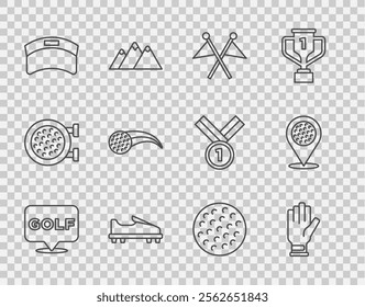 Set line Golf label, glove, flag, shoe, Sun visor cap, ball,  and Location golf sport club icon. Vector