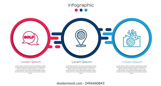 Set line Golf label, Location golf sport club and ball in water. Business infographic template. Vector