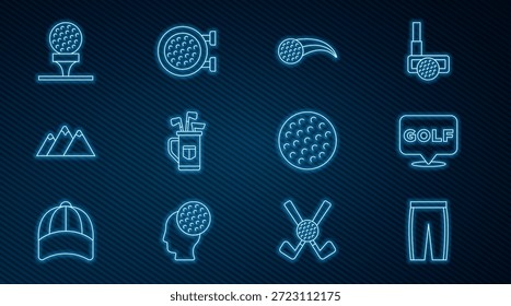 Set Linie Golfhose, Label, Ball, Tasche mit Schlägern, Berge, auf T-Shirt, und Sport-Ikone. Vektorgrafik