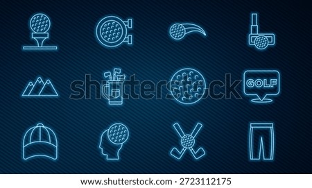Set line Golf pants, label, ball, bag with clubs, Mountains, on tee,  and sport icon. Vector