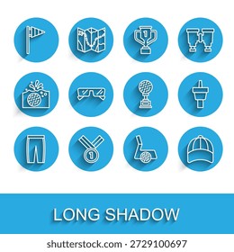 Set Linie Golfhose, Medaillengolf, Flagge, Club mit Ball, Baseballkappe, Brille, Tee und Award Cup Ikone. Vektorgrafik