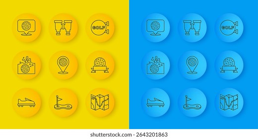 Set line Golf shoe, ball in water, Location golf sport club, course layout, label,  and Binoculars icon. Vector