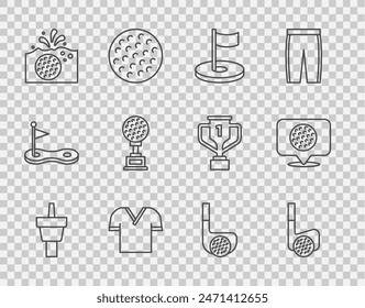 Set line Golf tee, club with ball, hole flag, shirt, in water, Award cup golf,  and label icon. Vector