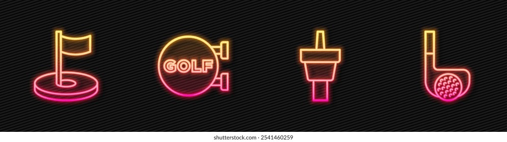 Set Linie Golftee, Loch mit Flagge, Sportclub und Ball. Leuchtendes Neonsymbol. Vektorgrafik