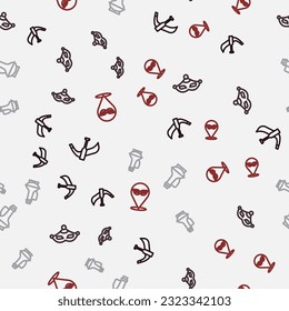 Set line Gondola boat, Carnival mask, Bottle of olive oil and  on seamless pattern. Vector