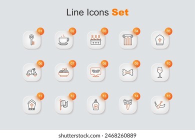 Set line Gondola boat, Carnival mask, Perfume, Flag Italy, Pope hat, Wine glass, Macaroni and  icon. Vector