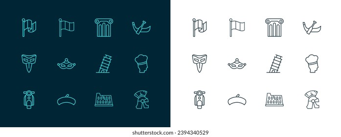 Set line Gondola boat, French beret, Leaning tower in Pisa, Coliseum, Carnival mask, Ancient column, Flag Italy and  icon. Vector