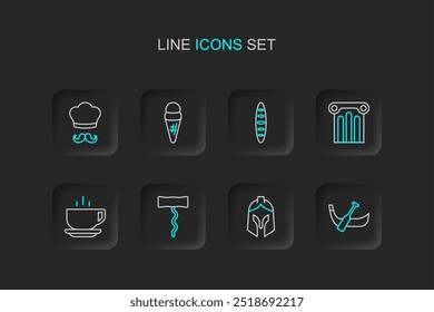 Set line Gondola boat, Roman army helmet, Wine corkscrew, Coffee cup, Ancient column, French baguette bread, Ice cream waffle and Italian cook icon. Vector