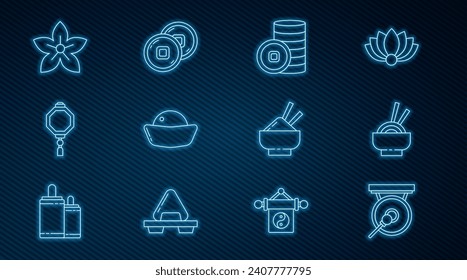 Set line Gong, Asian noodles in bowl, Chinese Yuan currency, Sushi, paper lantern, Lotus flower, Rice with chopstick and  icon. Vector