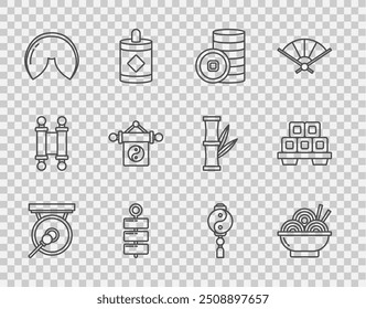 Set line Gong, Asian noodles in bowl, Chinese Yuan currency, Firework, fortune cookie, Yin Yang,  and Sushi cutting board icon. Vector