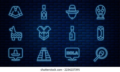 Set line Gong, Burrito, Mexican sombrero, Poncho, Pinata, Tabasco sauce and  icon. Vector