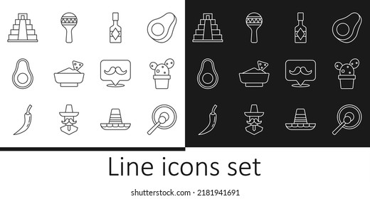 Set line Gong, Cactus or succulent in pot, Tabasco sauce, Nachos bowl, Avocado fruit, Chichen Itza Mayan, Mustache and Maracas icon. Vector
