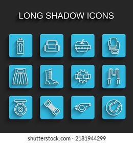 Set line Gong, Chest expander, Fitness shaker, Whistle, Tennis ball, Sport boxing shoes, Jump rope and Punch gloves icon. Vector