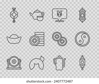 Set line Gong, Chinese paper lantern, Yuan currency, fortune cookie, tea ceremony and Yin Yang icon. Vector