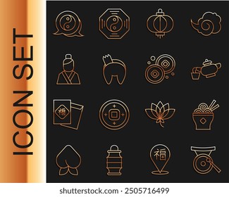 Set line Gong musical instrument, Asian noodles bowl, Chinese tea ceremony, paper lantern, fortune cookie, woman, Yin Yang symbol and Yuan currency icon. Vector