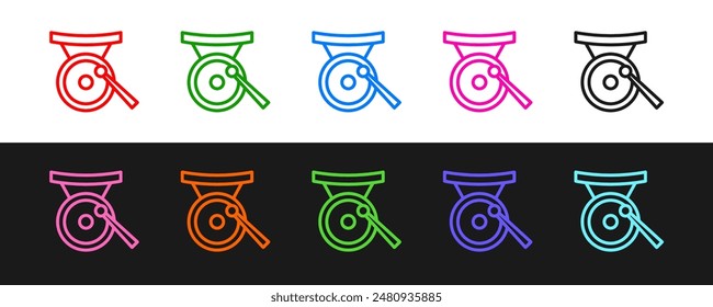 Set line Gong musical percussion instrument circular metal disc and hammer icon isolated on black and white background.  Vector