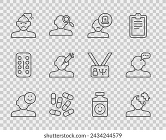 Set line Good mood, Solution problem in psychology, Male doctor, Medicine pill tablet, Concussion, headache, Addiction the drug, Antidepressants and Online psychological counseling icon. Vector